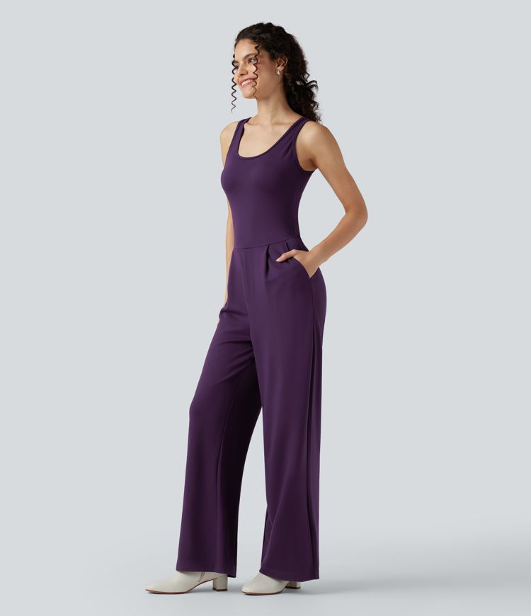 U Neck Wide Leg Work Jumpsuit with Pockets-Easy Peezy Edition