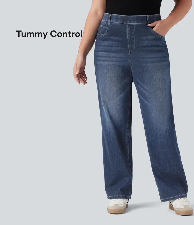 Plus Size Halara Flex™ High Waisted Tummy Control Straight Leg Washed Casual Jeans with Pockets