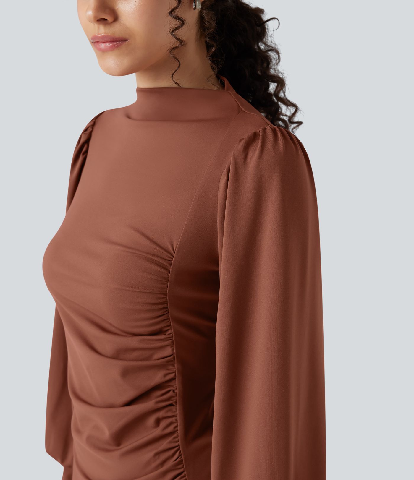 Mock Neck Long Sleeve Ruched Casual Top