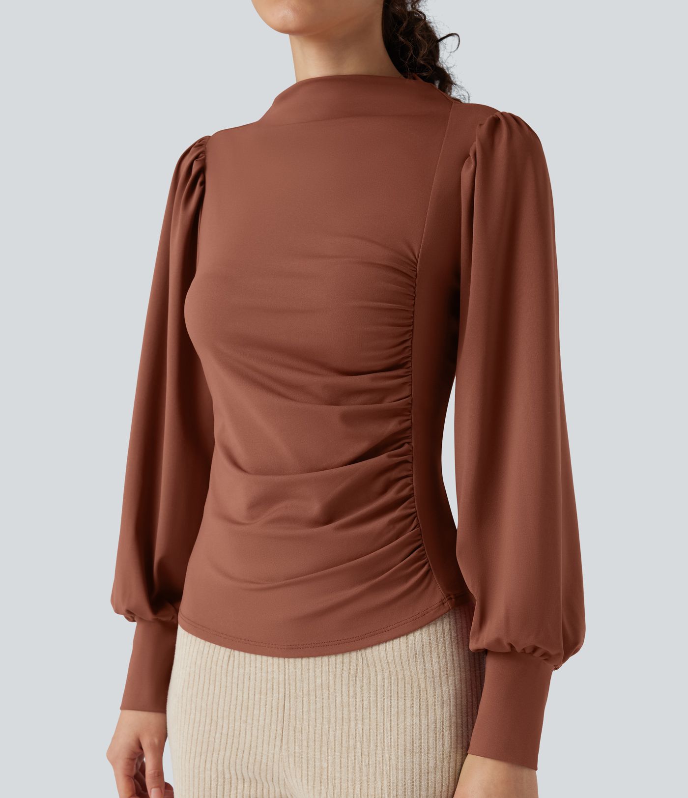 Mock Neck Long Sleeve Ruched Casual Top