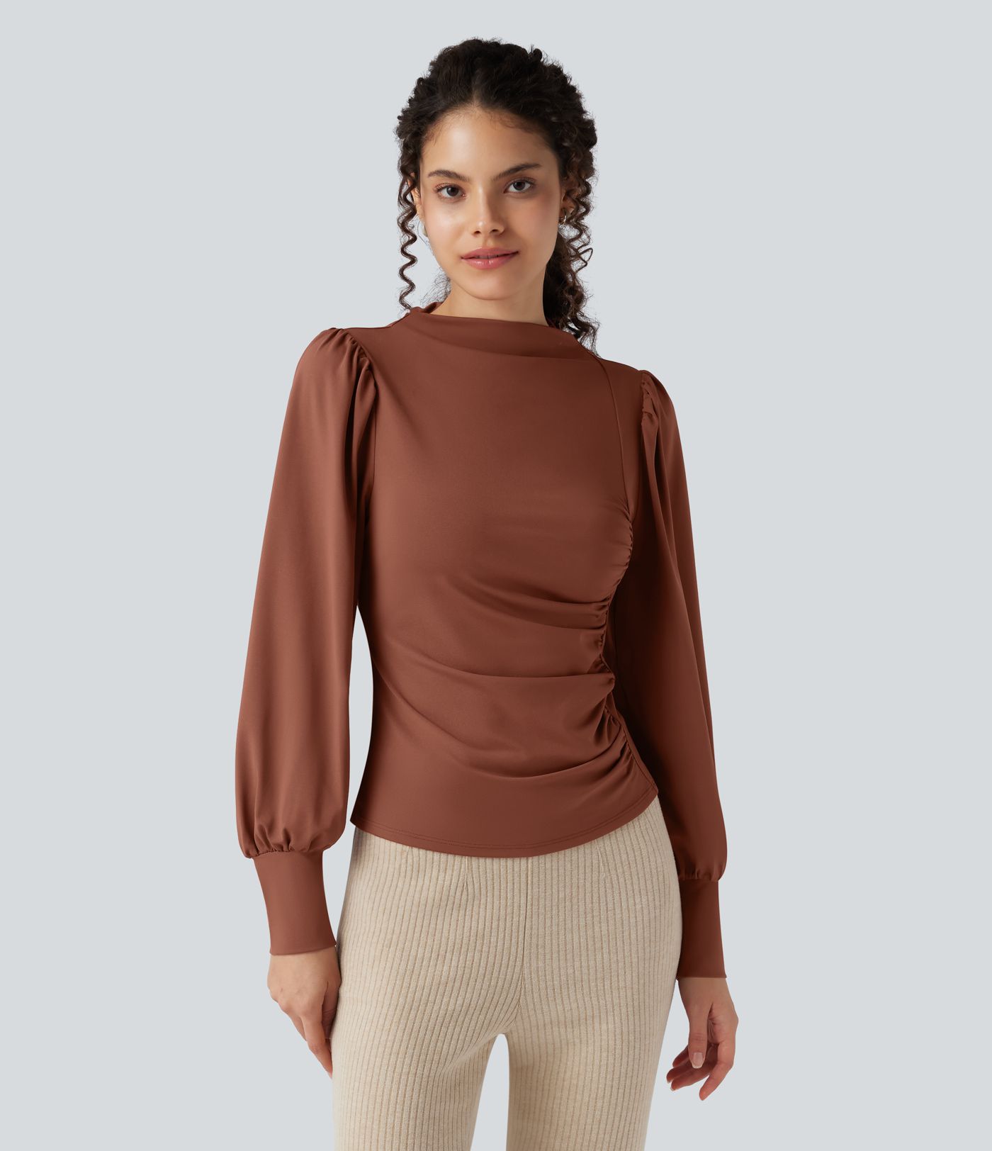 Mock Neck Long Sleeve Ruched Casual Top