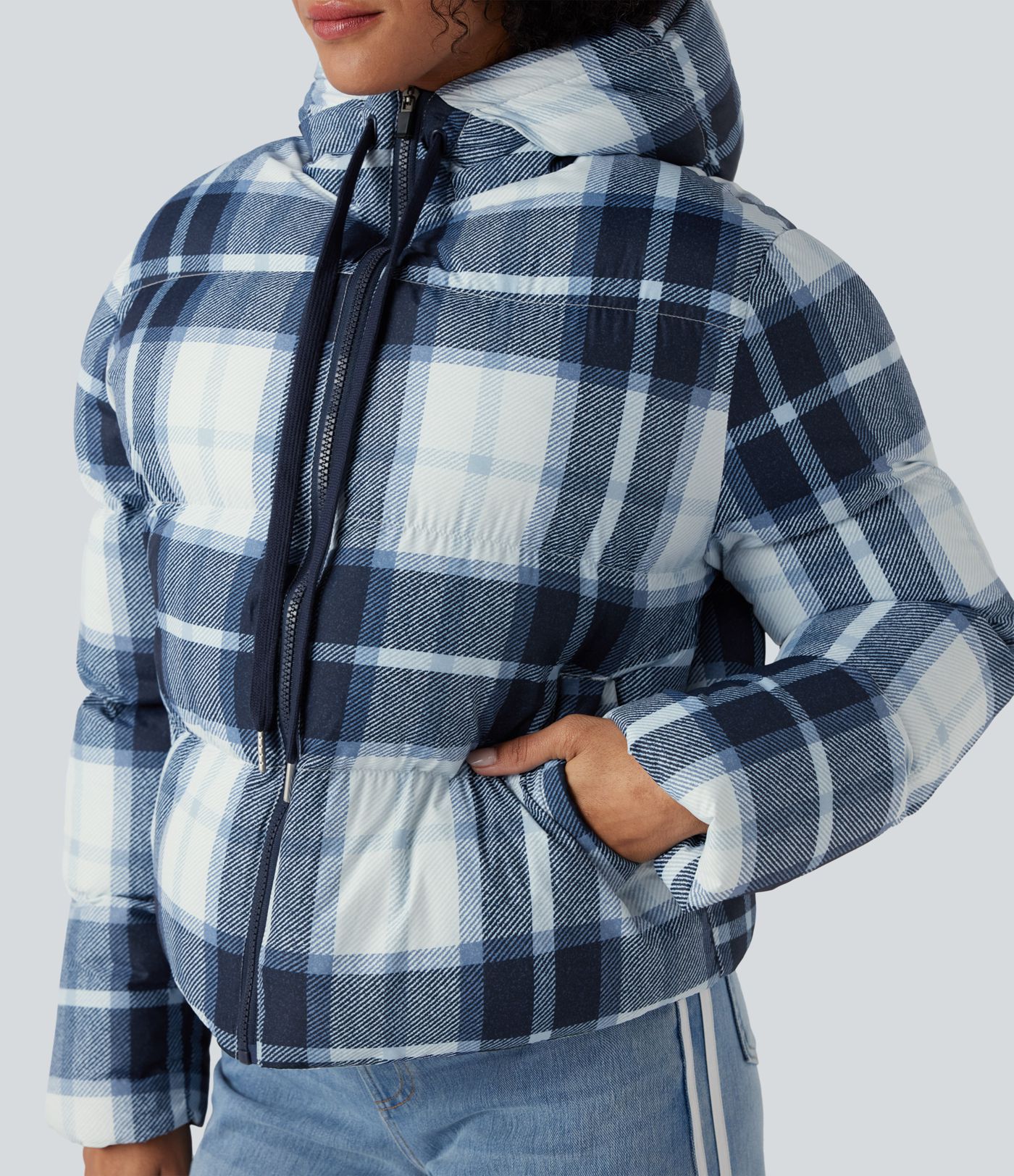 Chaqueta acolchada casual con capucha, cremallera y bolsillos, duradera y repelente al agua.