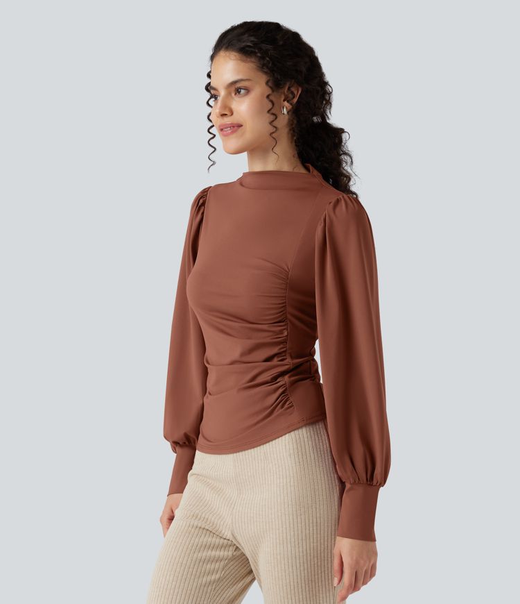 Mock Neck Long Sleeve Ruched Casual Top