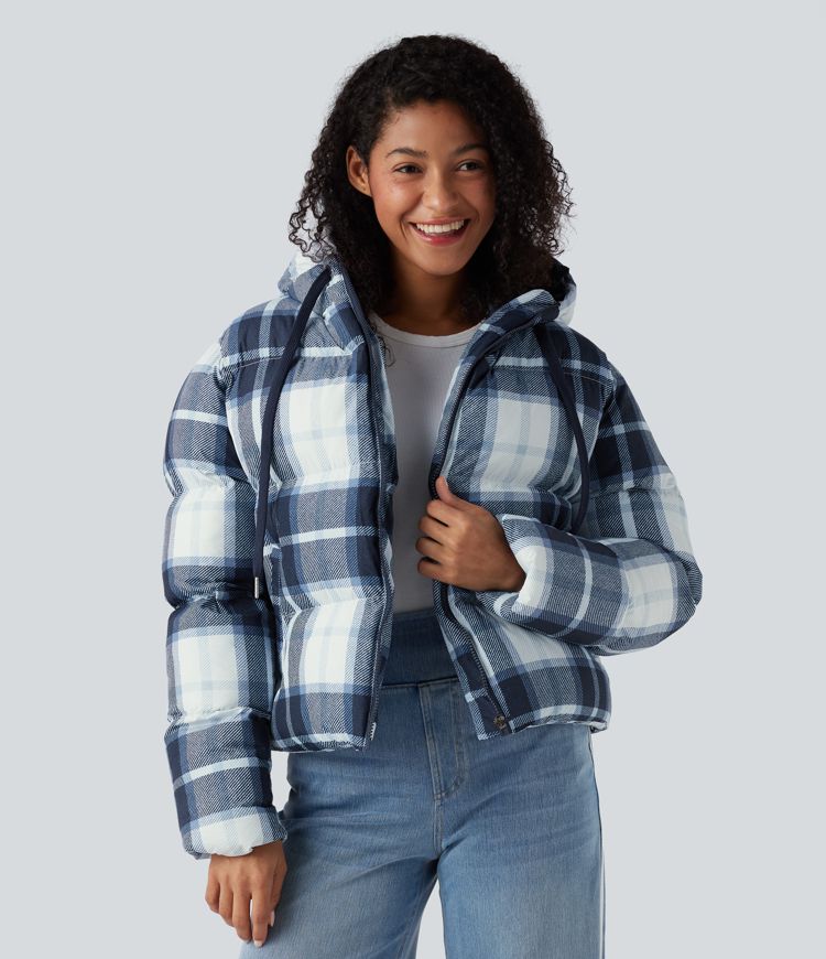 Chaqueta acolchada casual con capucha, cremallera y bolsillos, duradera y repelente al agua.