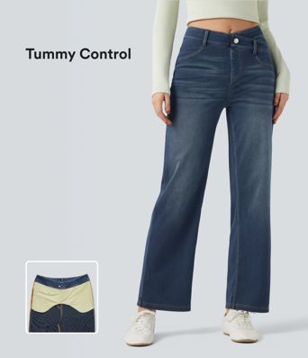 Halara Flex™ Mid Rise Crossover Tummy Control Straight Leg Casual Jeans with Pockets