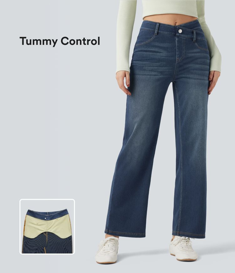 Halara Flex™ Mid Rise Crossover Tummy Control Straight Leg Casual Jeans with Pockets