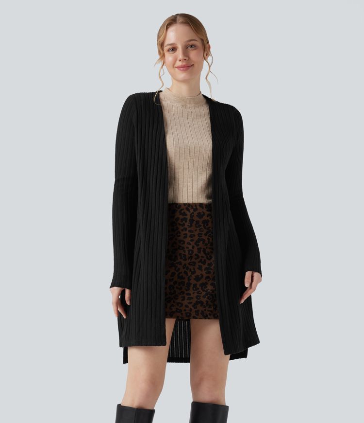 Ribbed Knit Long Sleeve Split Casual Coat
