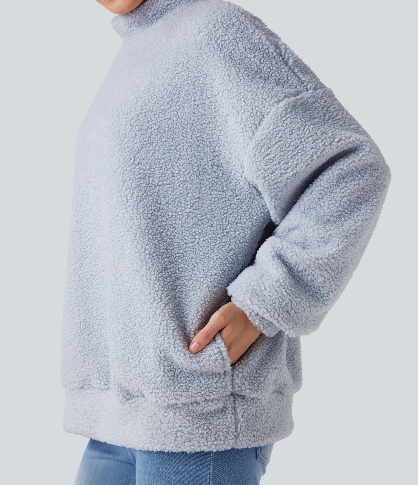 Mock Neck Long Sleeve Casual Sherpa Sweatshirt with Pockets