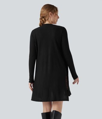 Ribbed Knit Long Sleeve Split Casual Coat