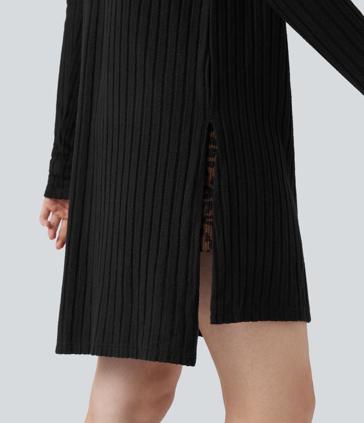 Ribbed Knit Long Sleeve Split Casual Coat