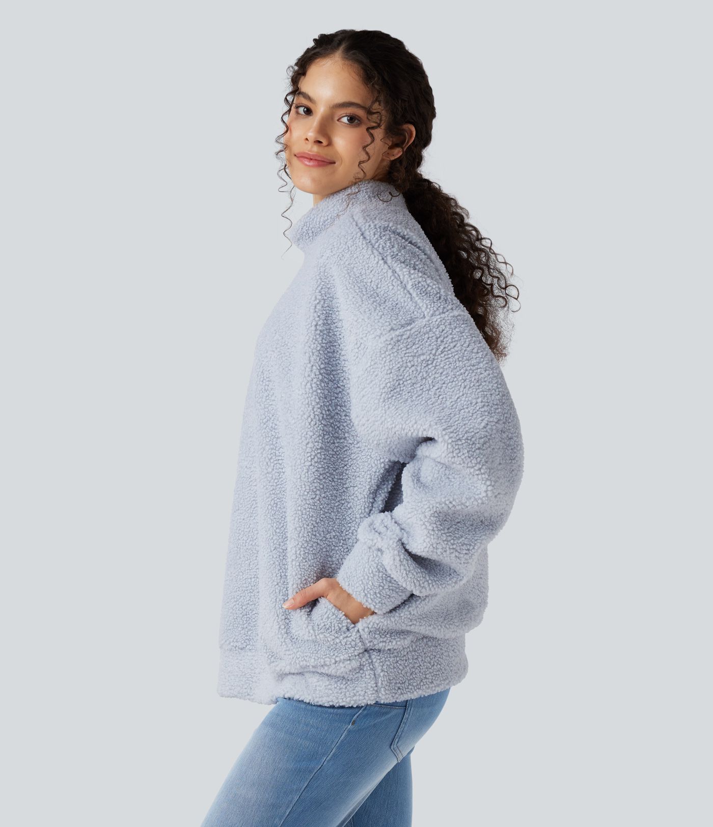 Mock Neck Long Sleeve Casual Sherpa Sweatshirt with Pockets