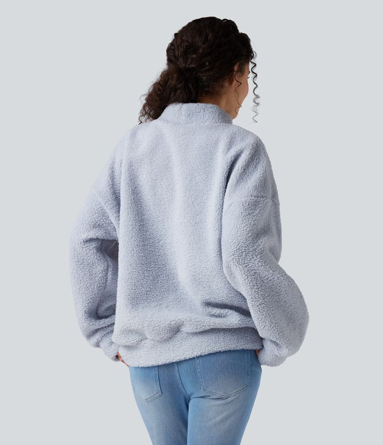 Mock Neck Long Sleeve Casual Sherpa Sweatshirt with Pockets