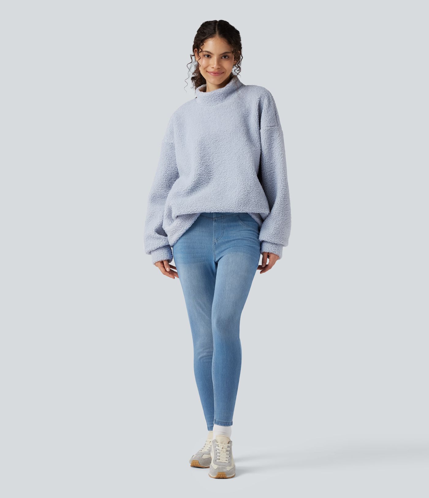 Mock Neck Long Sleeve Casual Sherpa Sweatshirt with Pockets