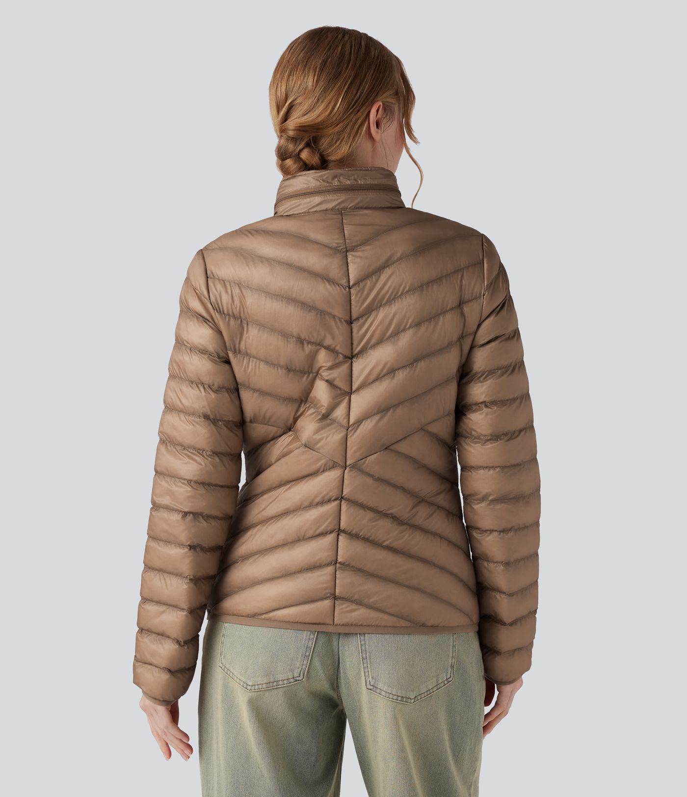 Packable High Collar Long Sleeve Zip Casual Synthetic Down Jacket with Pockets