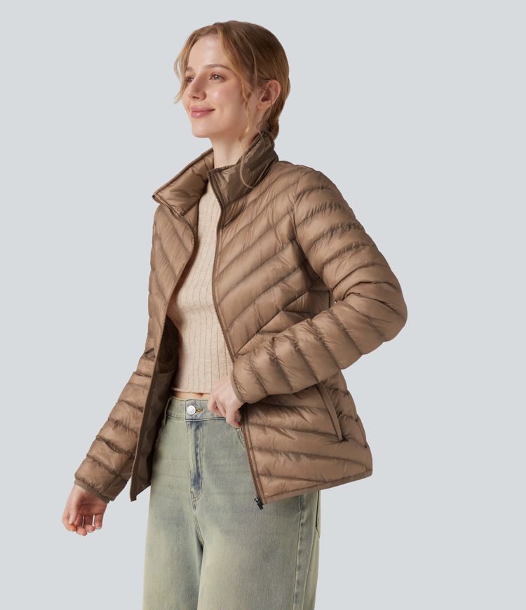 Veste matelassée décontractée compactable col montant à manches longues et zip avec poches