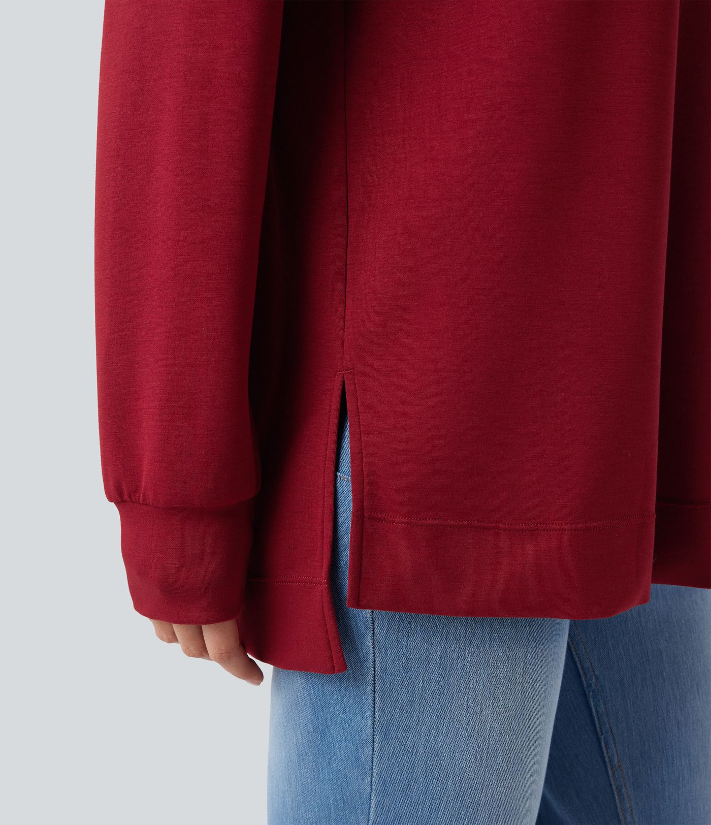 Mock-neck Long Sleeve Split High-Low Relaxed Casual Sweatshirt