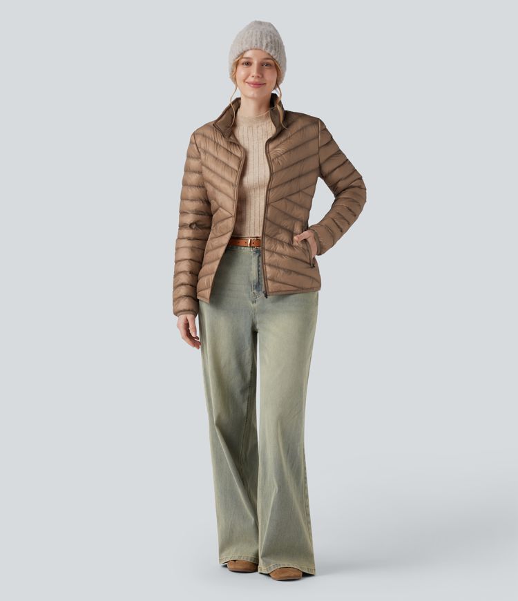 Veste matelassée décontractée compactable col montant à manches longues et zip avec poches