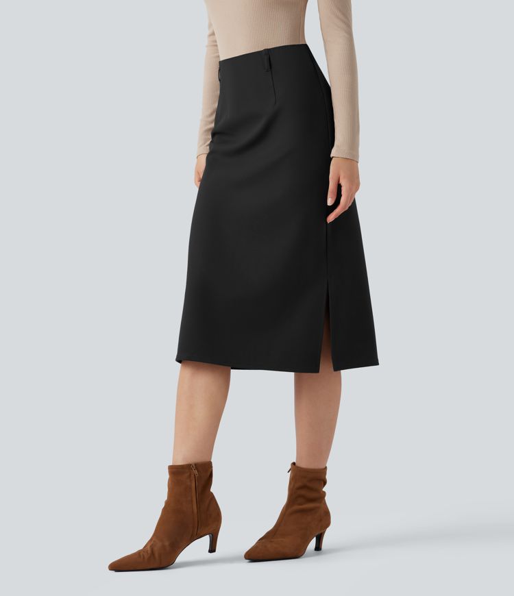 Wear-Resistant High Waisted Split Midi Ponte Roma Work Skirt
