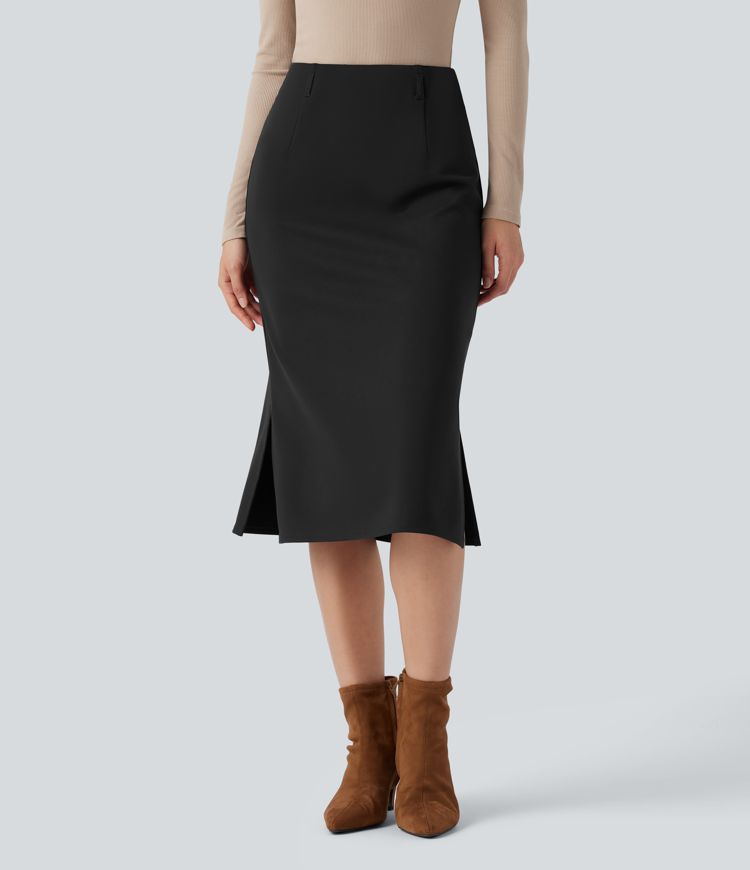 Wear-Resistant High Waisted Split Midi Ponte Roma Work Skirt Wear-Resistant High Waisted Split Midi Ponte Roma Work Skirt