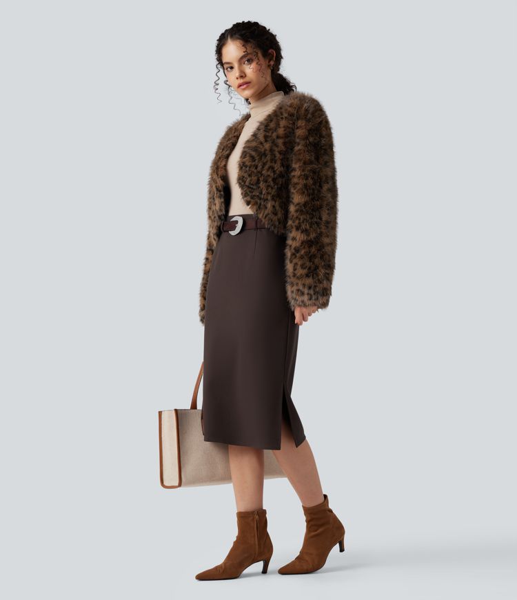 Wear-Resistant High Waisted Split Midi Ponte Roma Work Skirt