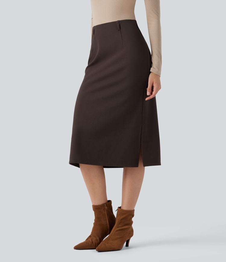 Wear-Resistant High Waisted Split Midi Ponte Roma Work Skirt