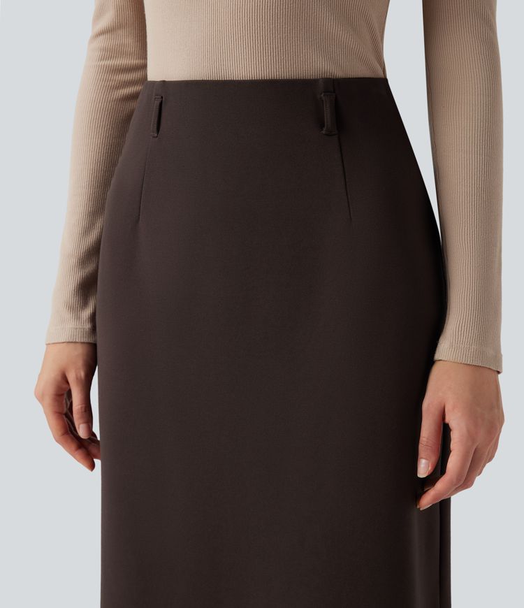 Wear-Resistant High Waisted Split Midi Ponte Roma Work Skirt