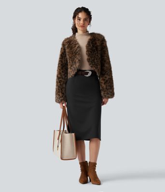 Wear-Resistant High Waisted Split Midi Ponte Roma Work Skirt