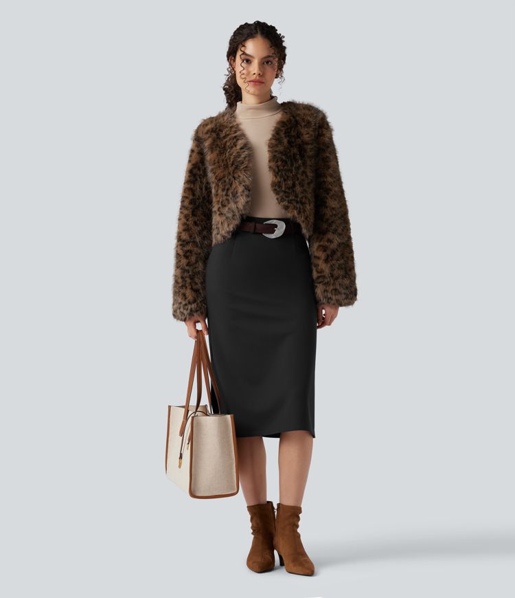 Wear-Resistant High Waisted Split Midi Ponte Roma Work Skirt