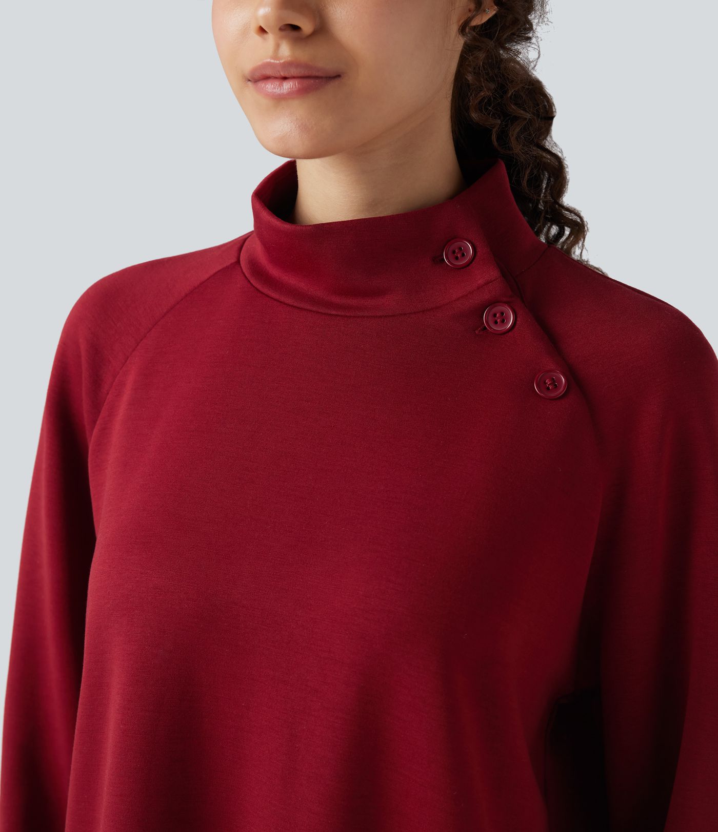 Mock-neck Long Sleeve Split High-Low Relaxed Casual Sweatshirt