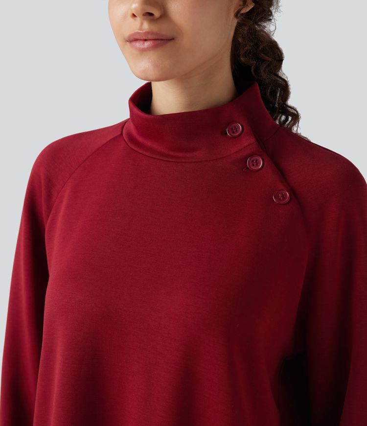 Sweat décontracté ample col montant à manches longues avec fentes et ourlet asymétrique