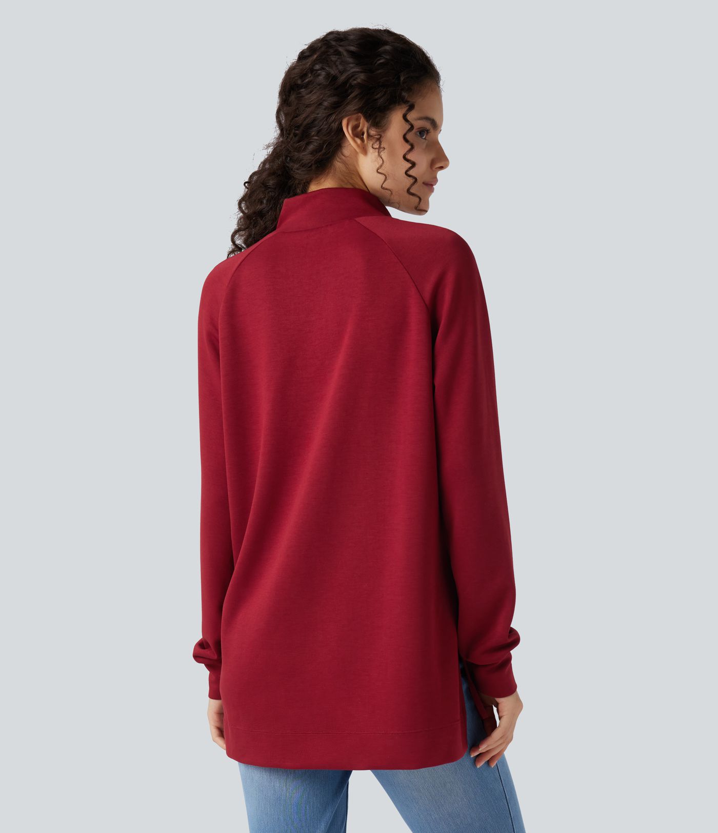 Mock-neck Long Sleeve Split High-Low Relaxed Casual Sweatshirt