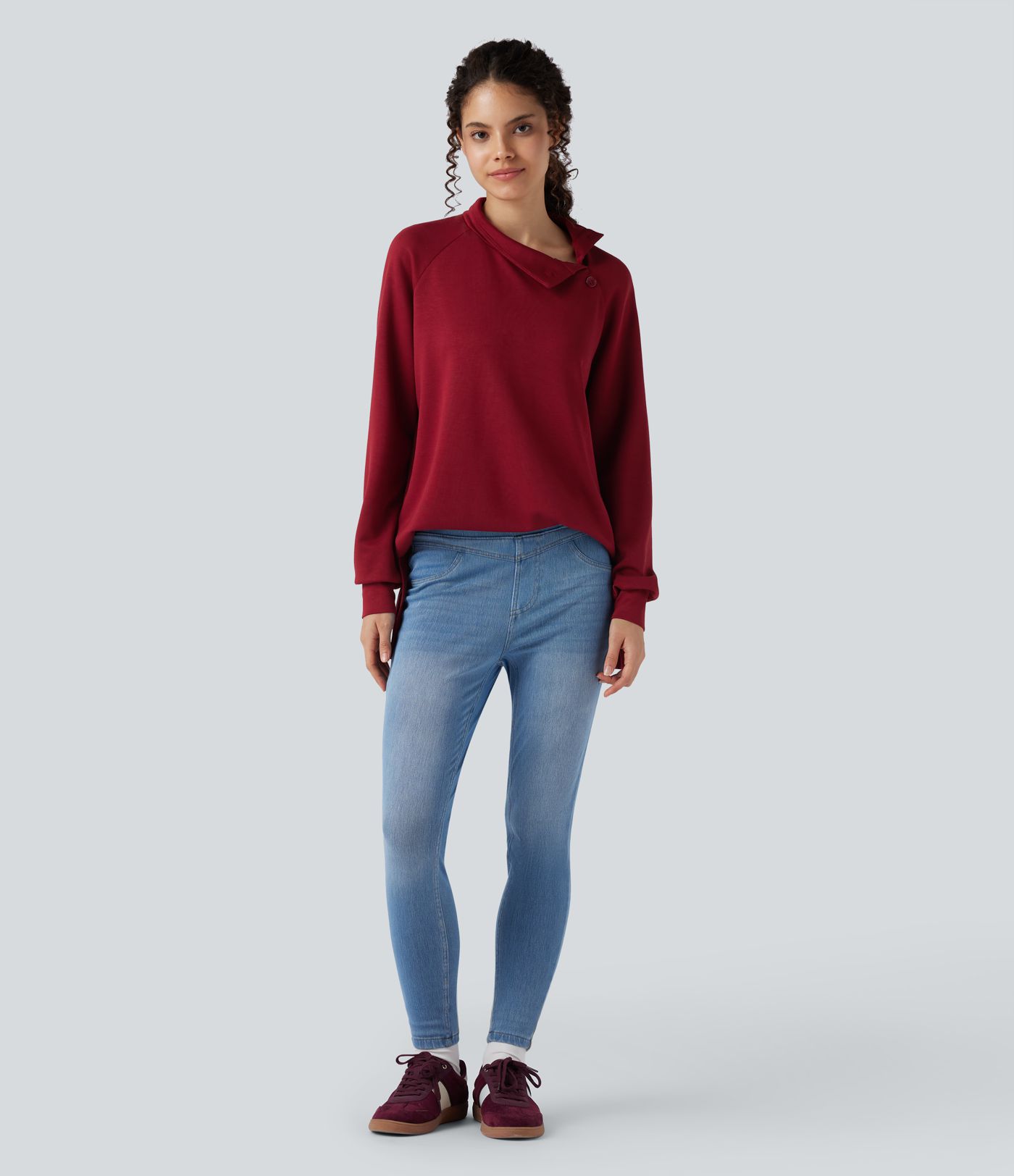 Mock-neck Long Sleeve Split High-Low Relaxed Casual Sweatshirt