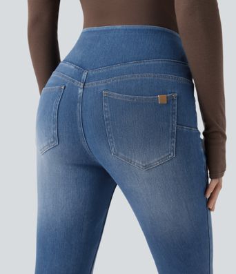 Halara Flex™ kõrge vöökohaga teksapüksid kõhukontrooliga, taskutega, 7/8 skinny lõige