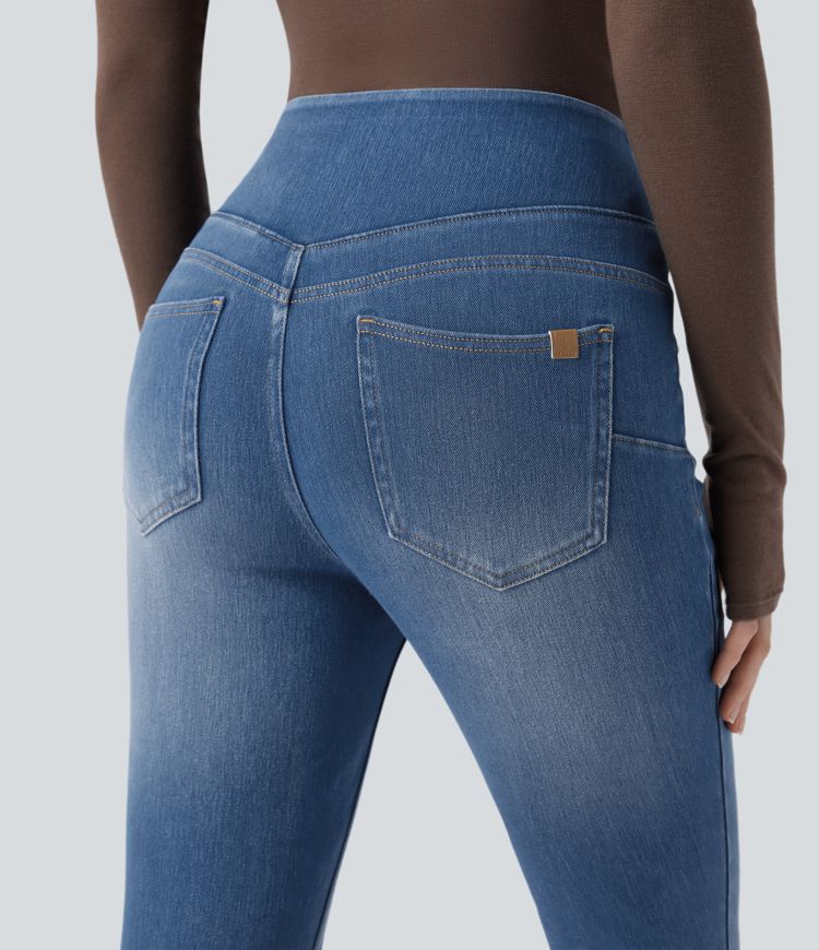 Halara Flex™ kõrge vöökohaga teksapüksid kõhukontrooliga, taskutega, 7/8 skinny lõige