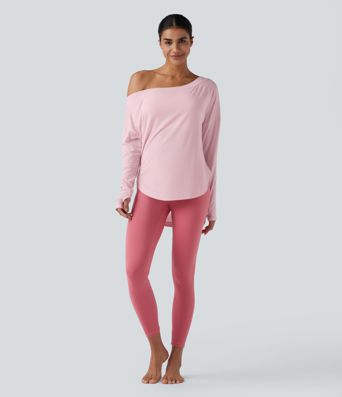 One Shoulder Long Sleeve Thumb Hole Curved Hem High Low Quick Dry Yoga Sports Top-Built-in Bra
