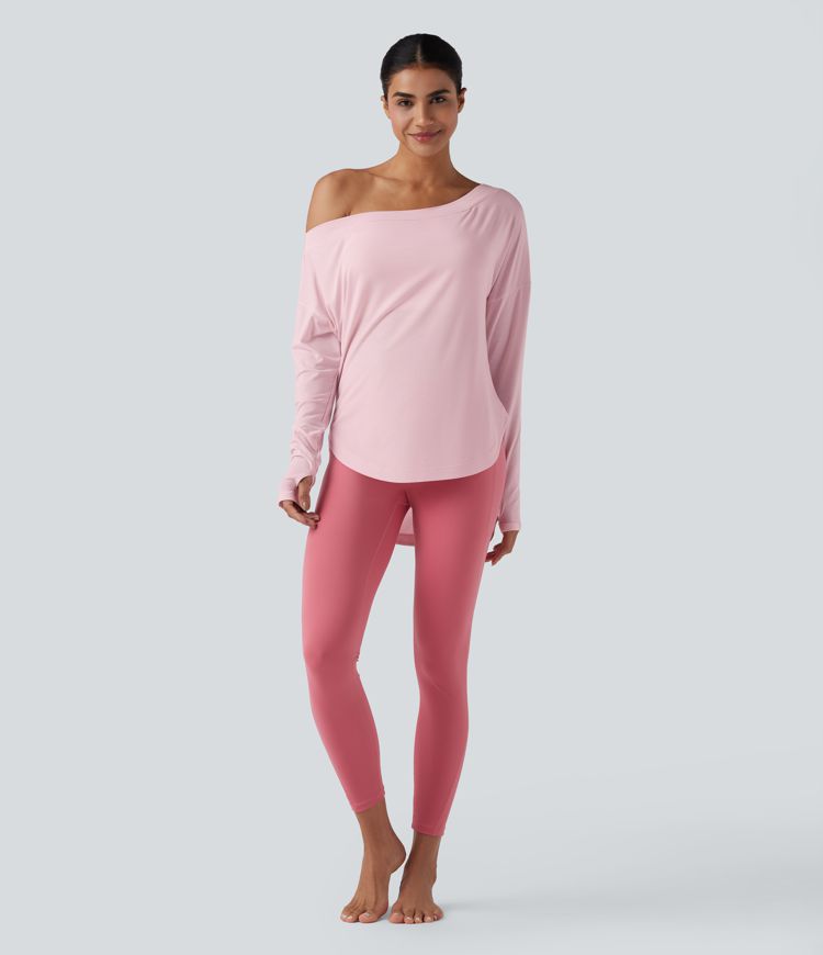 One Shoulder Long Sleeve Thumb Hole Curved Hem High Low Quick Dry Yoga Sports Top-Built-in Bra