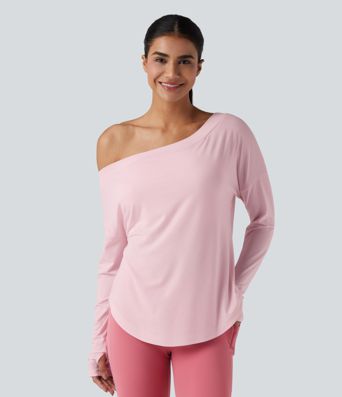 One Shoulder Long Sleeve Thumb Hole Curved Hem High Low Quick Dry Yoga Sports Top-Built-in Bra