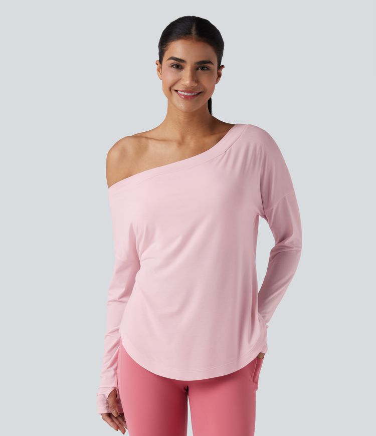 One Shoulder Long Sleeve Thumb Hole Curved Hem High Low Quick Dry Yoga Sports Top-Built-in Bra