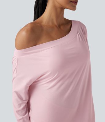 One Shoulder Long Sleeve Thumb Hole Curved Hem High Low Quick Dry Yoga Sports Top-Built-in Bra