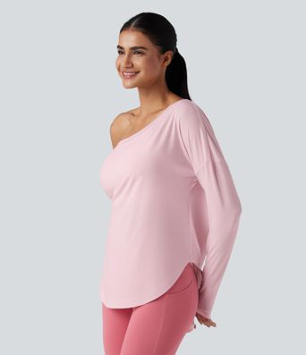 One Shoulder Long Sleeve Thumb Hole Curved Hem High Low Quick Dry Yoga Sports Top-Built-in Bra