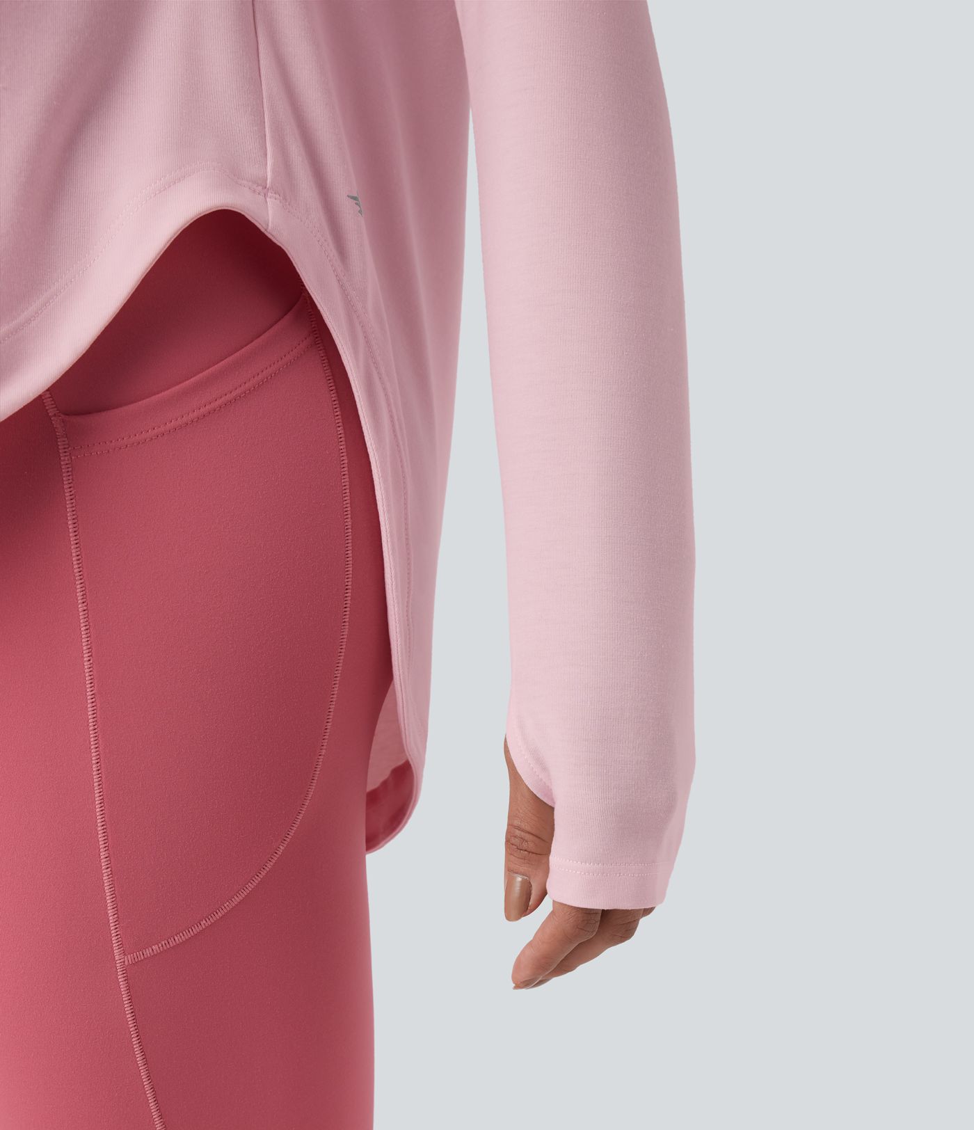 One Shoulder Long Sleeve Thumb Hole Curved Hem High Low Quick Dry Yoga Sports Top-Built-in Bra