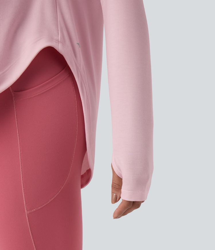 One Shoulder Long Sleeve Thumb Hole Curved Hem High Low Quick Dry Yoga Sports Top-Built-in Bra