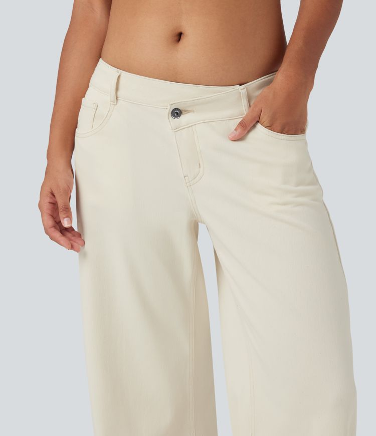 Halara Flex™ Asymmetric Low Rise Zipper Pockets Baggy Wide Leg Washed Casual Jeans