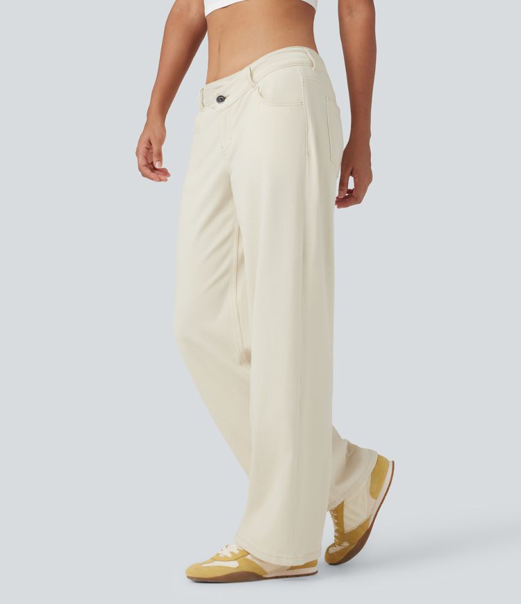 Halara Flex™ Asymmetric Low Rise Zipper Pockets Baggy Wide Leg Washed Casual Jeans