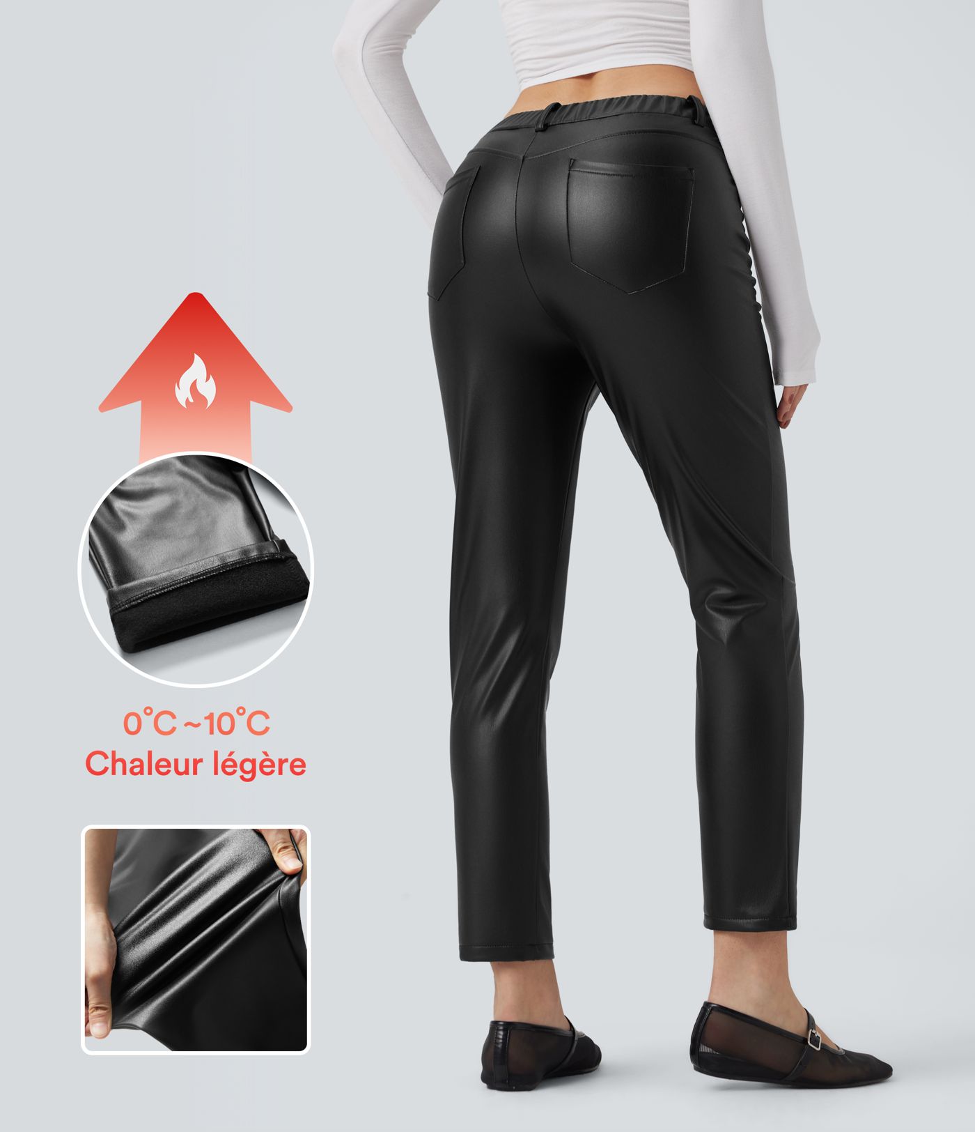 Casual tapered 7/8 length faux leather trousers with mid-rise stretch fleece lining and pockets