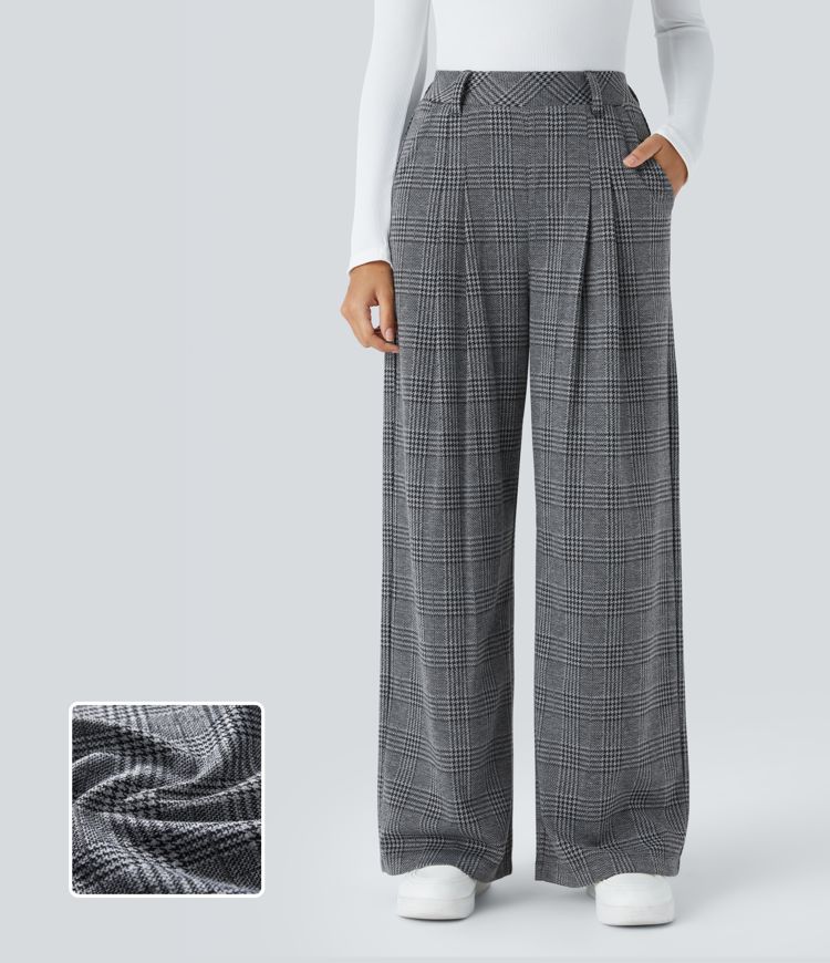 High Waisted Pocket Wide Leg Houndstooth Plaid Casual Trousers