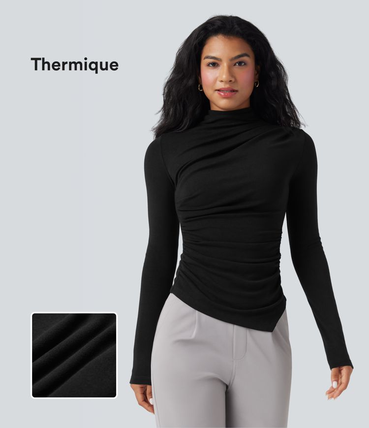 Haut thermique col montant manches longues froncé à ourlet asymétrique
