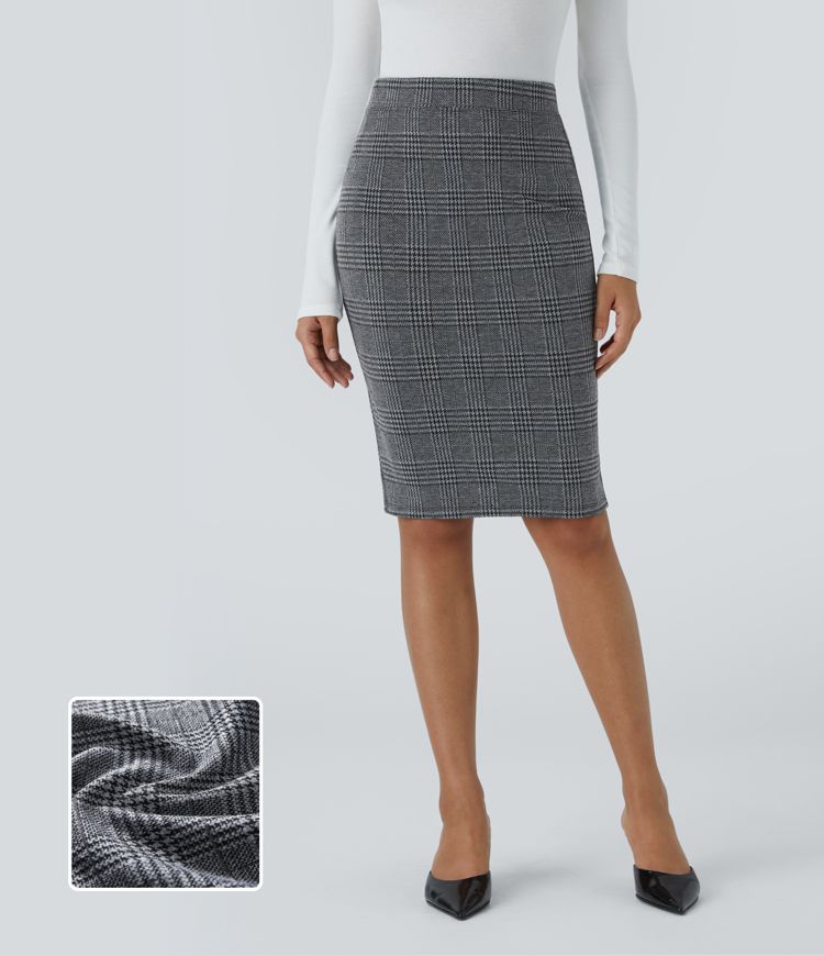 Jupe crayon de travail à taille haute, fente et motif pied-de-poule et carreaux