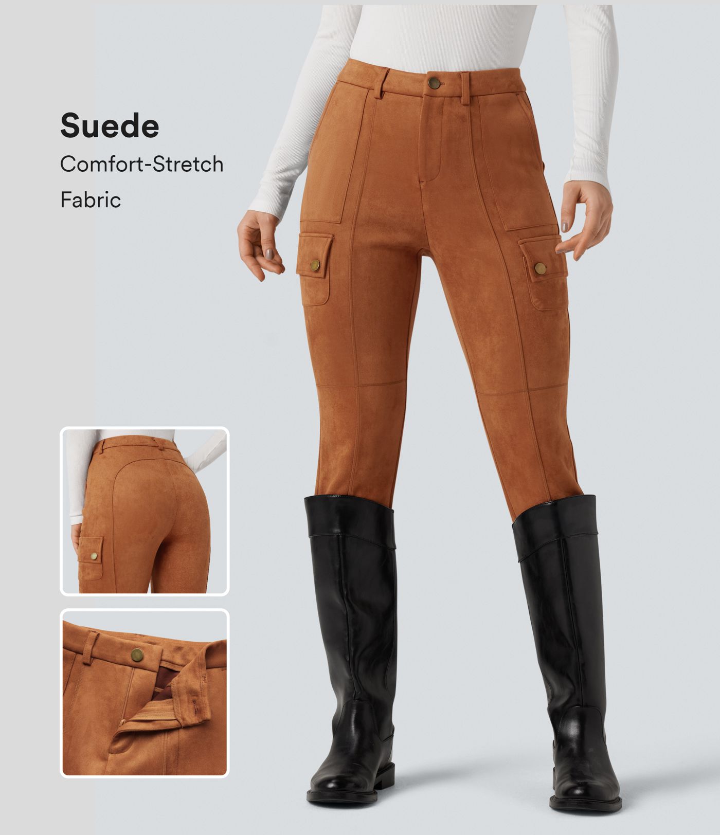 Lässige Cargo-Hose aus Kunstleder mit hohem Bund und Seitentaschen Lässige Cargo-Hose aus Kunstleder mit hohem Bund und Seitentaschen