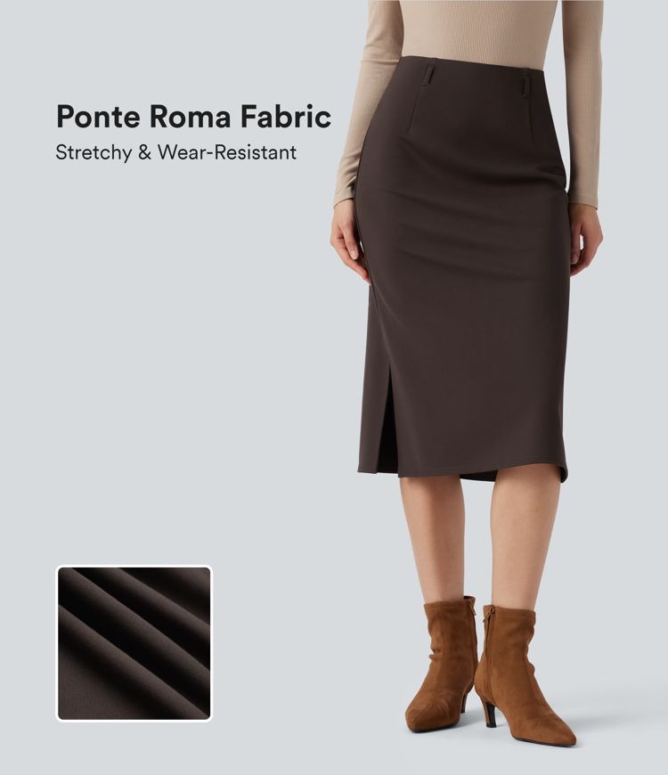 Wear-Resistant High Waisted Split Midi Ponte Roma Work Skirt